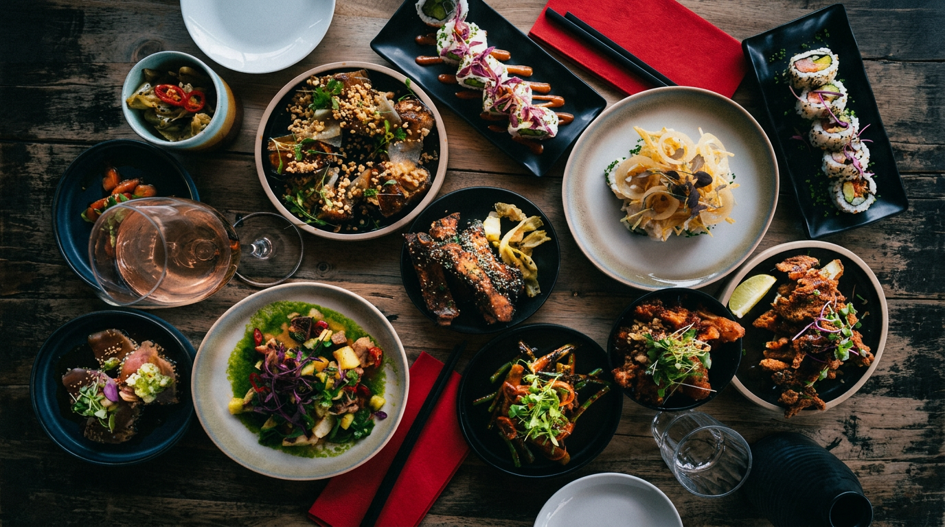 Japanese izakaya table loaded with small plates, sushi and Korean fried chicken